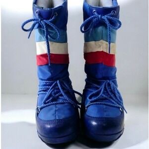 Vintage 80s Retro Multi-Color Striped Nylon Snow boot MOON BOOTS Blue white Red